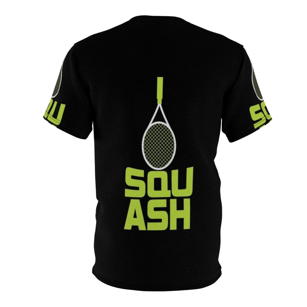 Squash racket and sports ball graphic printed on a high-quality t-shirt, perfect for squash and sports enthusiasts. - Back