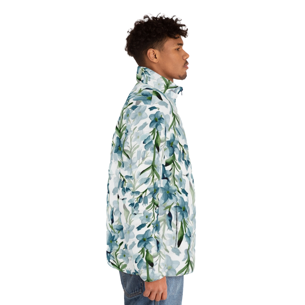 Blue watercolor floral puffer jacket - men side right