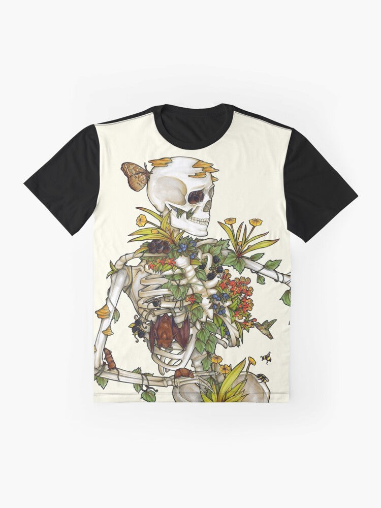 Bones and Botany Graphic T-Shirt featuring a skeleton design with plants, animals, and nature elements - Flat lay