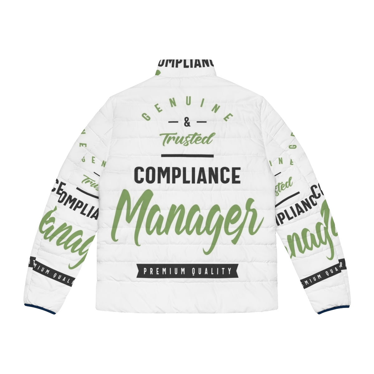 Compliance Manager wearing a puffer jacket for professional attire - Back