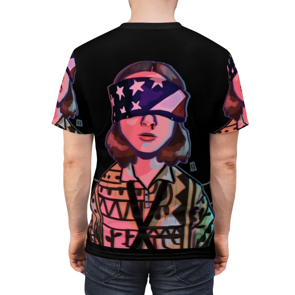 Patriotic Eleven Stranger Things Inspired T-Shirt featuring the number 11 with an American flag background - men back