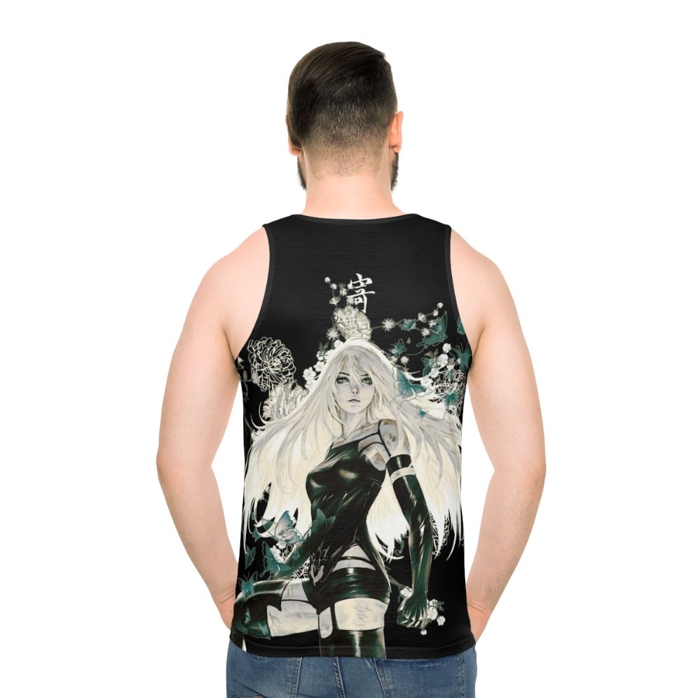 Unisex tank top with butterfly and floral design in a dark, fantasy style - men back