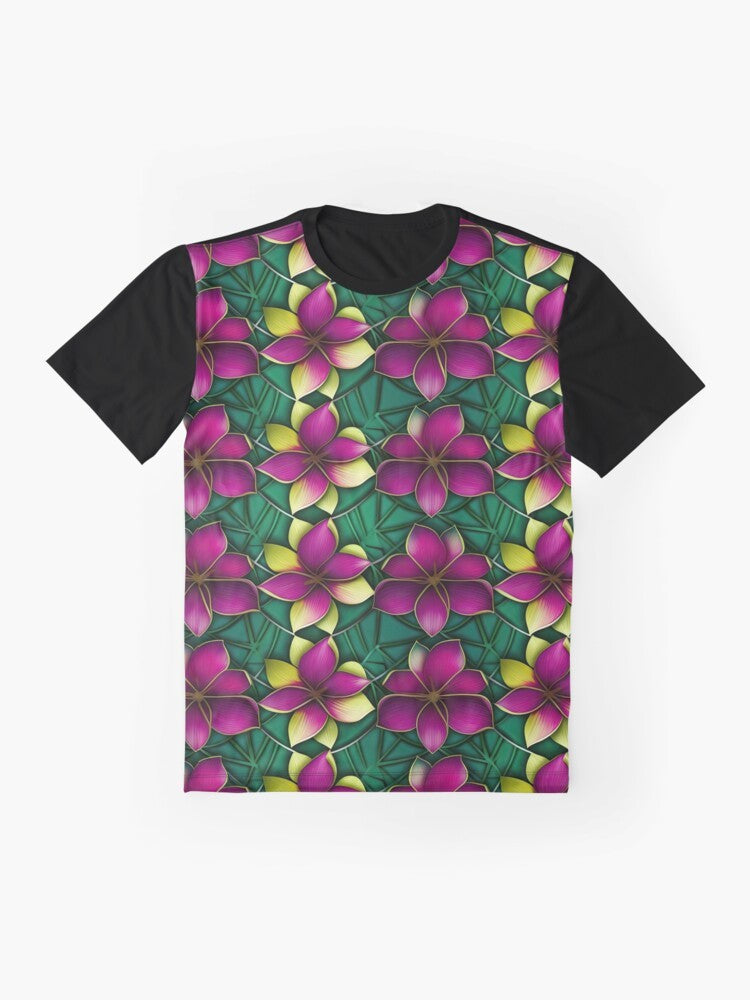 Colorful plumeria flower graphic on a funky Hawaiian tropical t-shirt - Flat lay