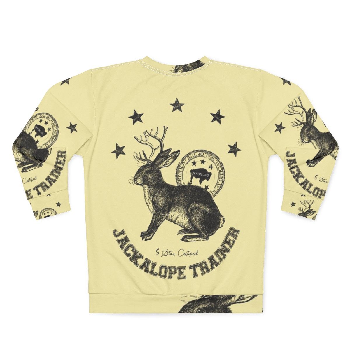 Beige sweatshirt with jackalope graphic, mythical animal trainer design - Back