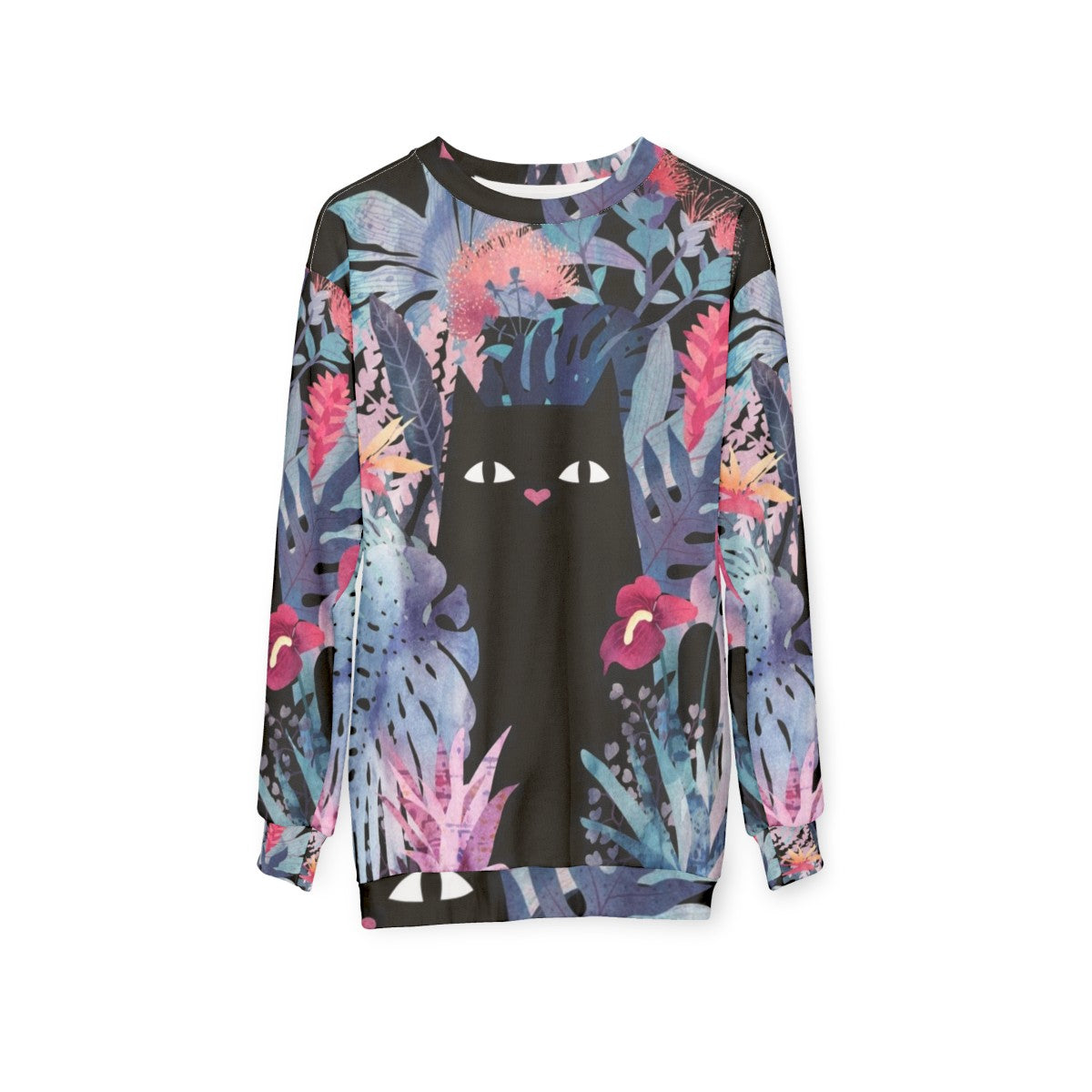 Pastel black velvet floral cat sweatshirt - hanging