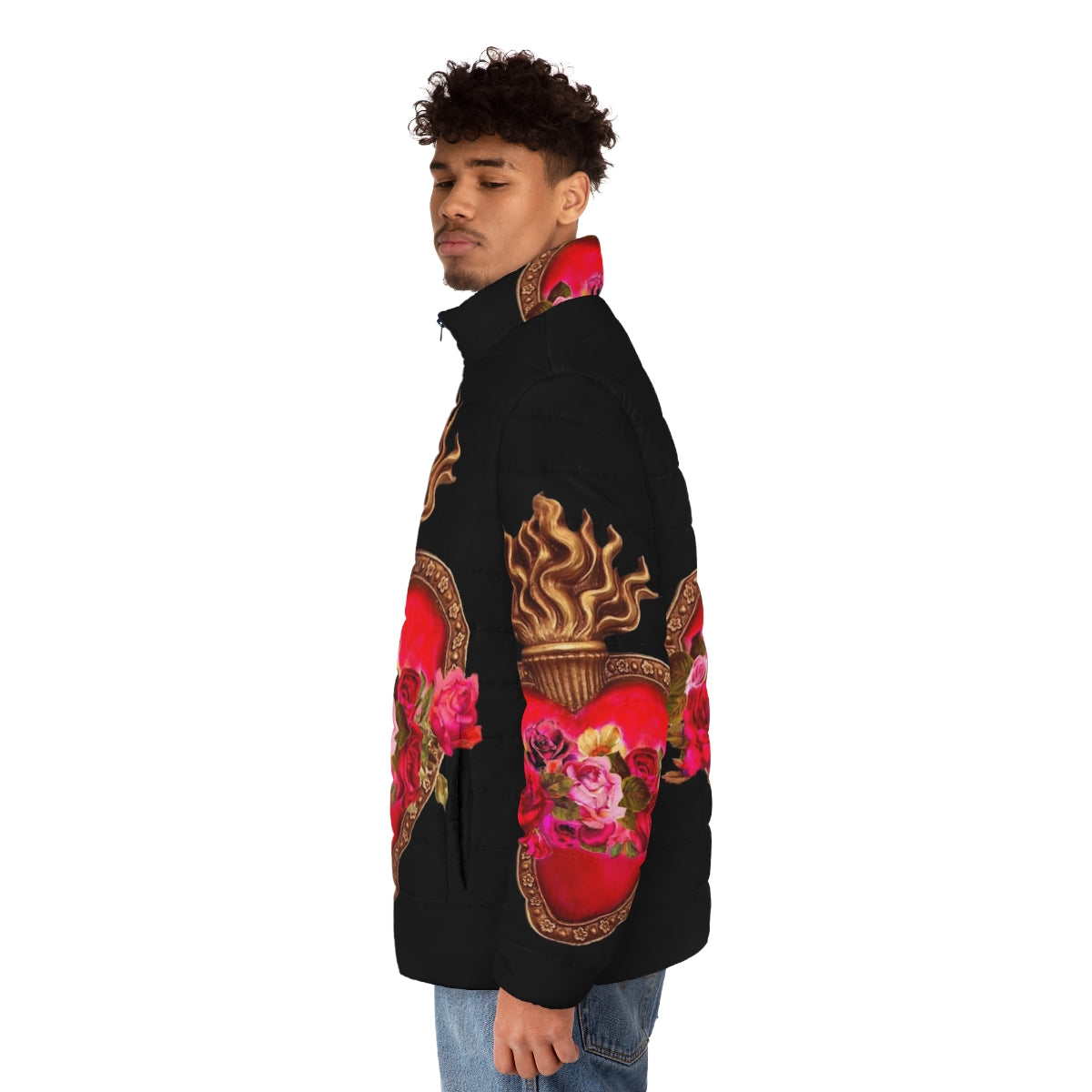 Red puffer jacket with sacred heart design, perfect for faith-based fashion - men side left