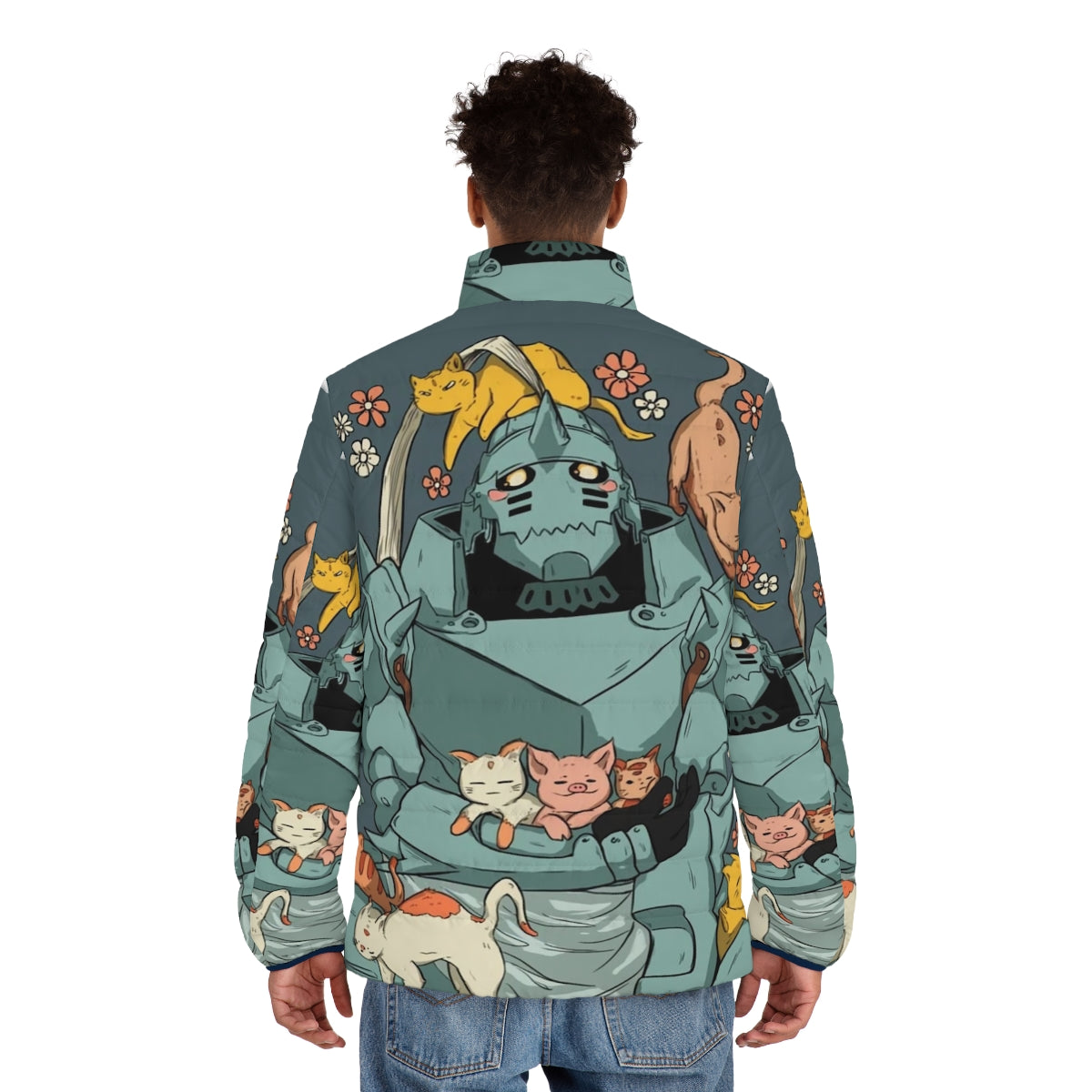 Fullmetal Alchemist inspired puffer jacket with anime graphics - men back