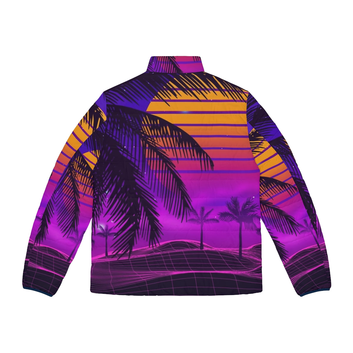 Retro 80s synthwave puffer jacket with neon sunset aesthetic - Back