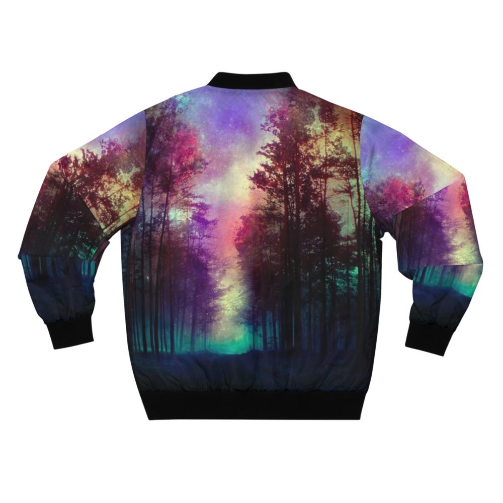 Magical forest bomber jacket with a colorful landscape design featuring trees, sky, and stars. - Back