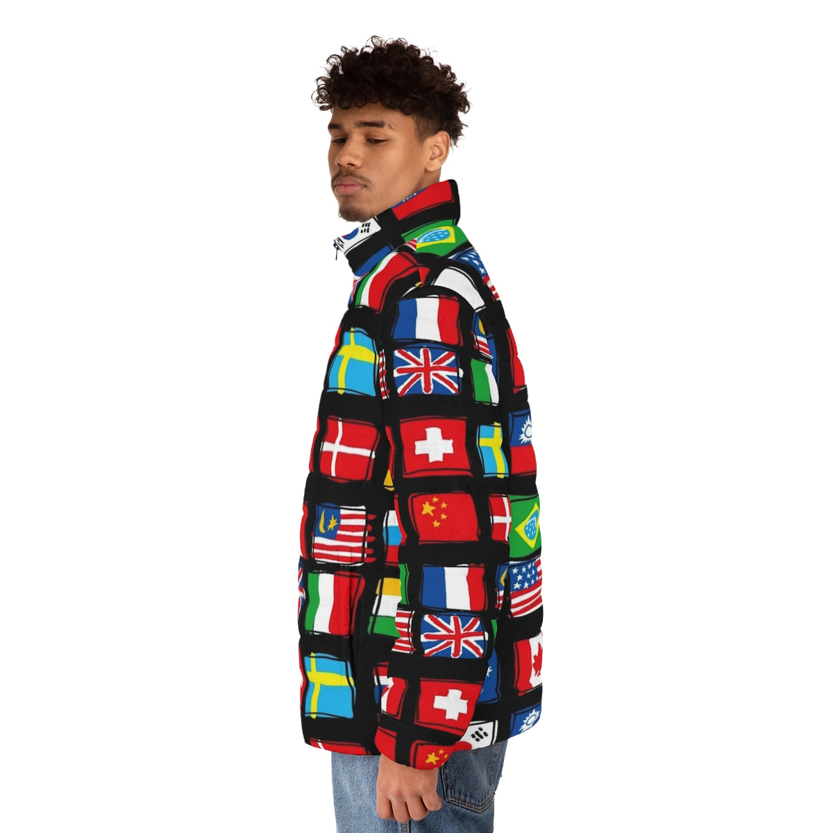 Global Patriotic Puffer Jacket with World Flags, National Flag Puffer Jacket - men side left