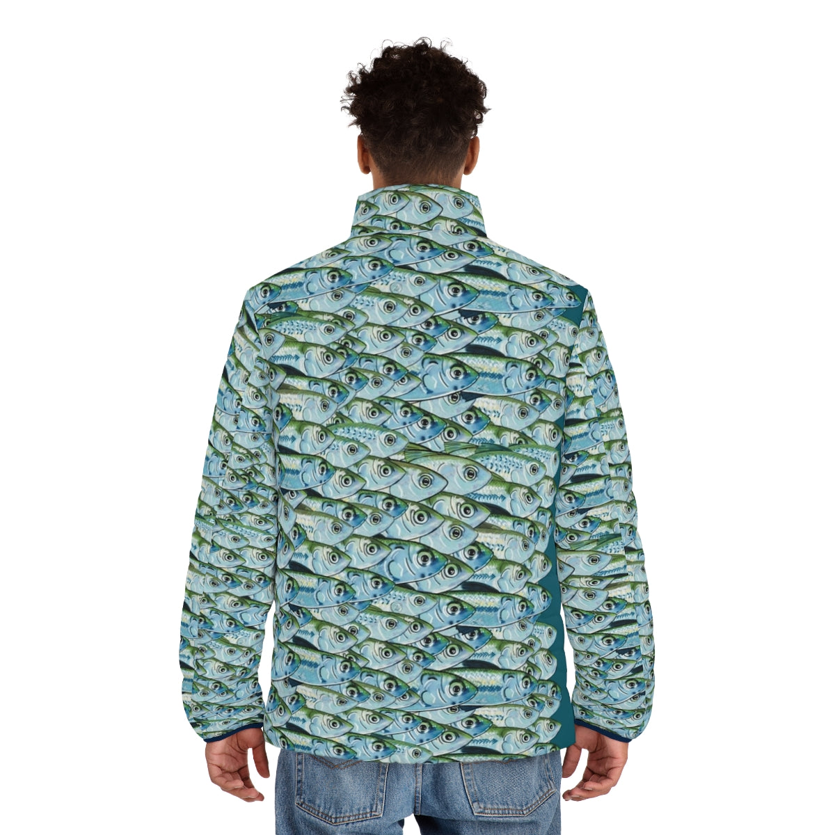 Green Backs Puffer Jacket with fishing and marine themed design - men back