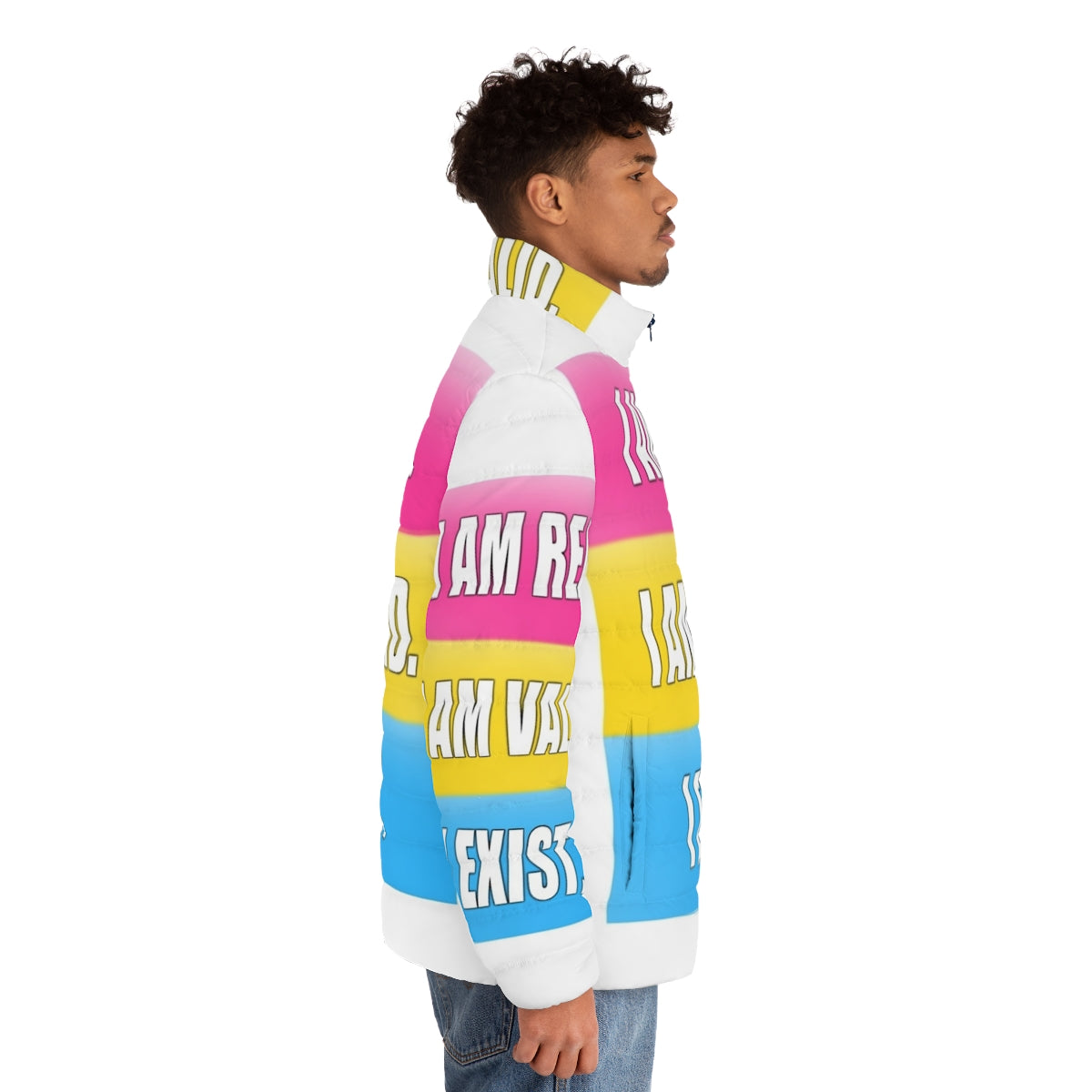 Pansexual pride puffer jacket with the text "I Am Real, I Am Valid, I Exist" - men side right