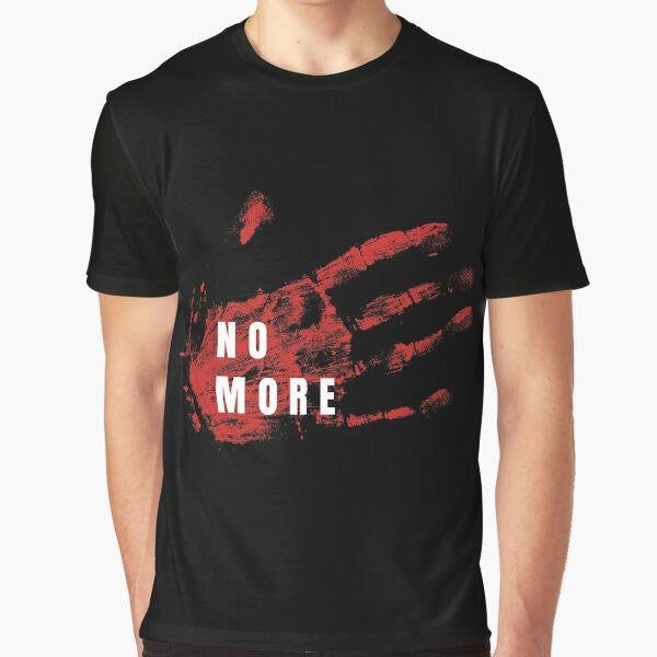 T-shirt design featuring text "No More Stolen Sisters" and a red hand symbol to raise awareness for missing and murdered indigenous women.