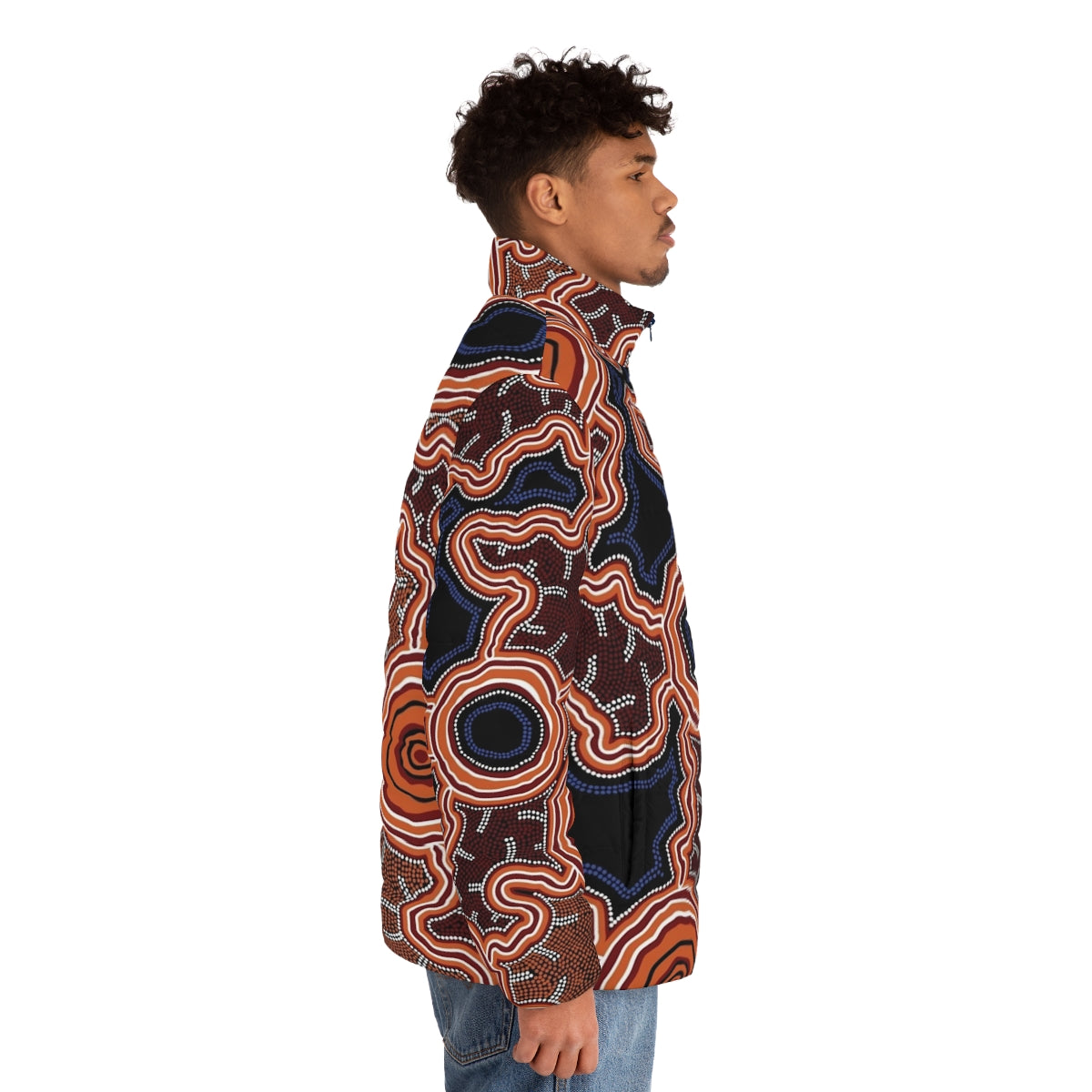 Authentic Aboriginal Art Puffer Jacket featuring traditional Australian indigenous designs - men side right