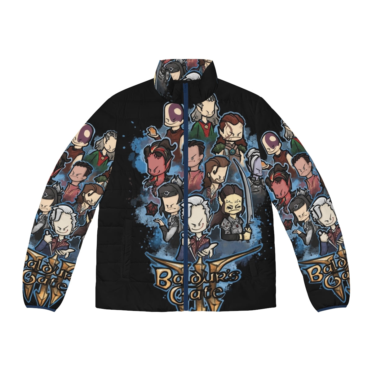 Baldur's Gate 3 Party Puffer Jacket featuring High Elf, Vampire, and Spawn characters