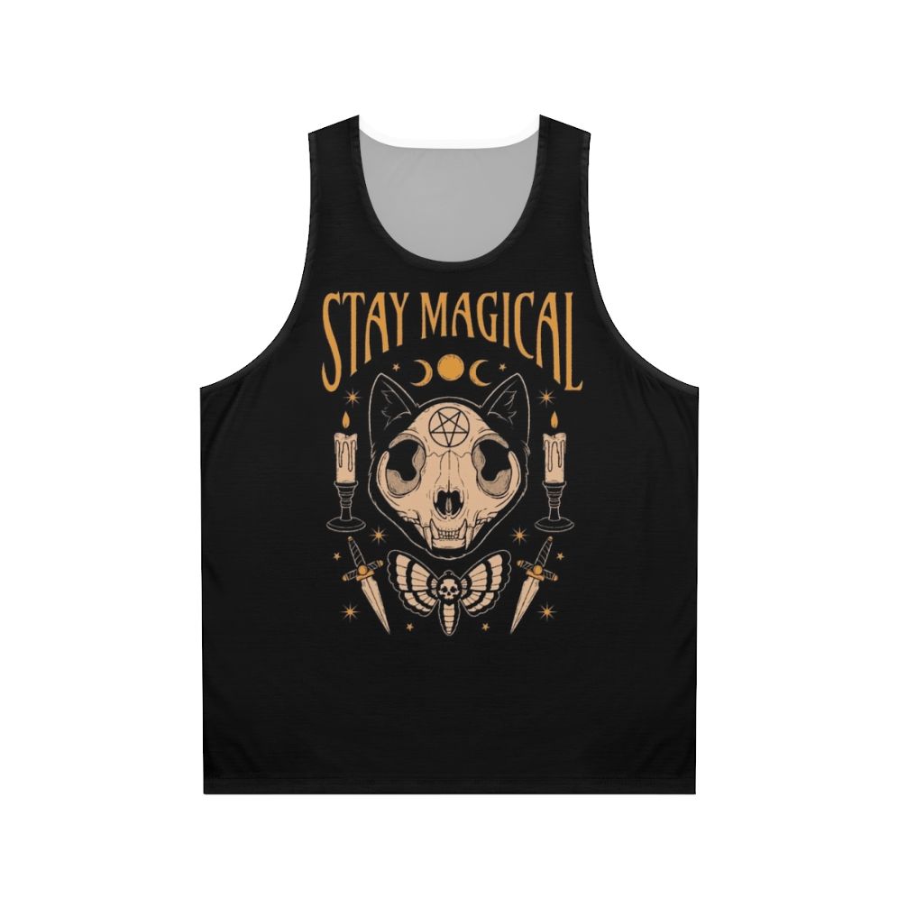 Unisex tank top with magical occult designs featuring a cat skeleton and death moth