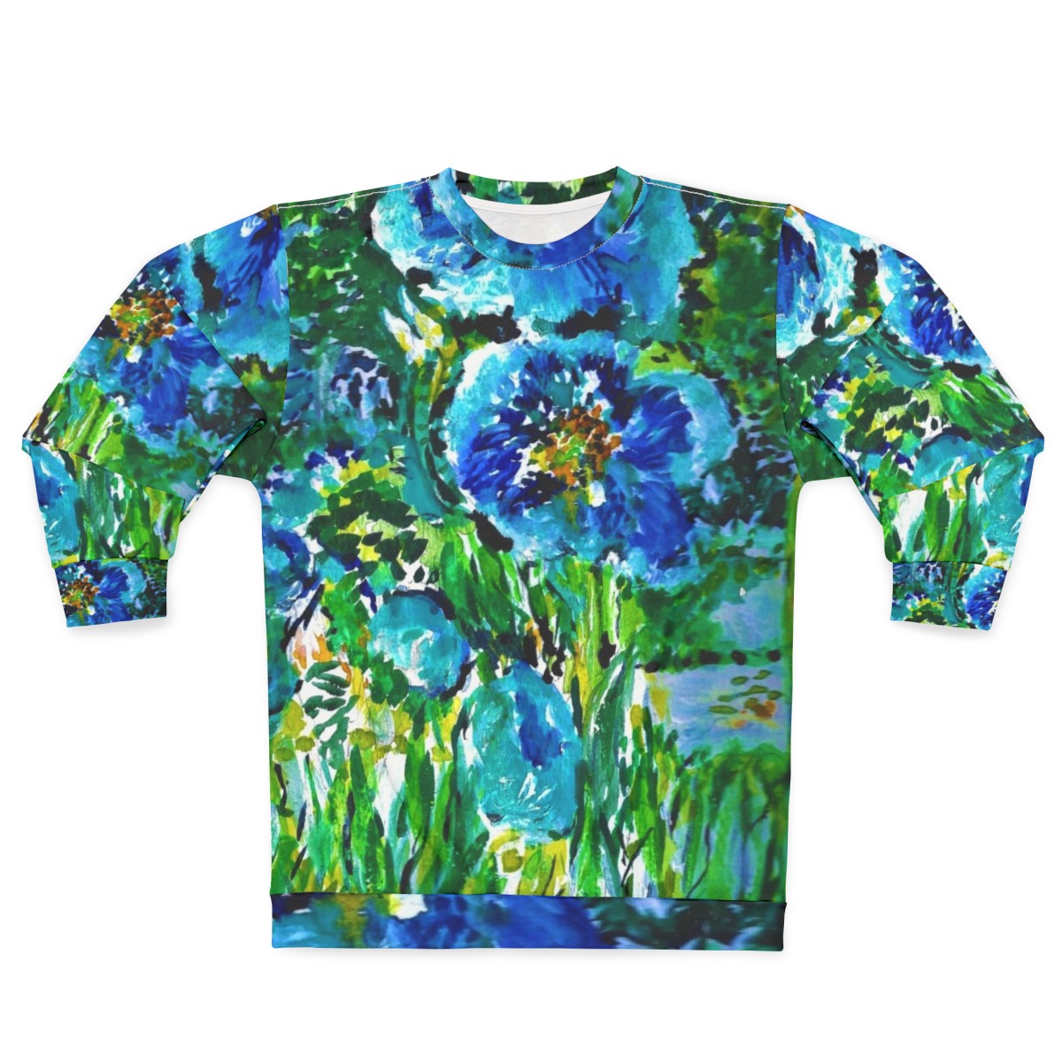 Blue poppies sweatshirt with religious art design