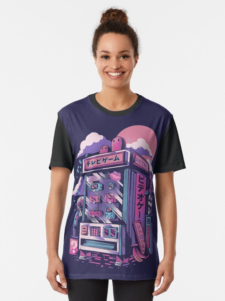 Retro gaming machine graphic t-shirt with pixel art design featuring joystick, vending machine, and 80s neon colors. - Women