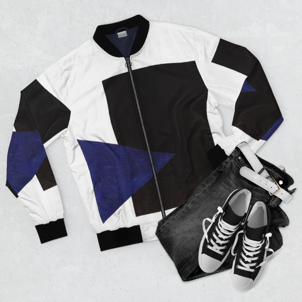 Malevich Suprematism abstract art bomber jacket with geometric shapes and faces - Flat lay