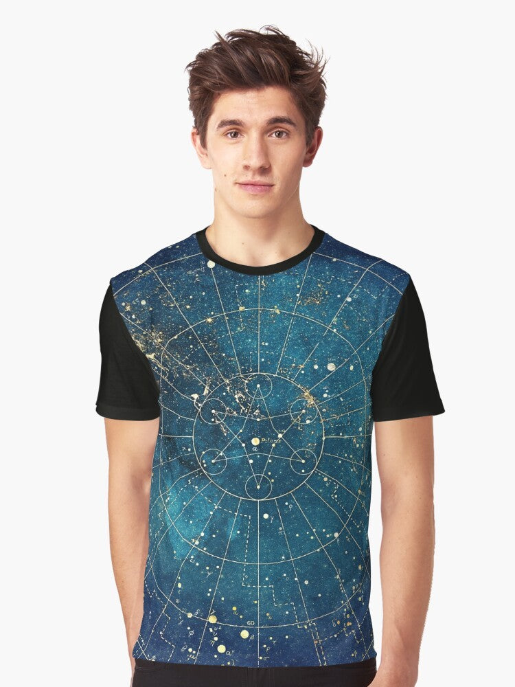 Graphic t-shirt featuring a star map design with city lights against a dark night sky - Men