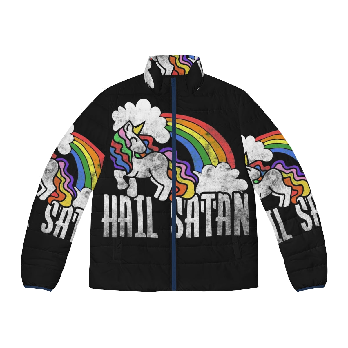 Retro rainbow unicorn puffer jacket with satanic design