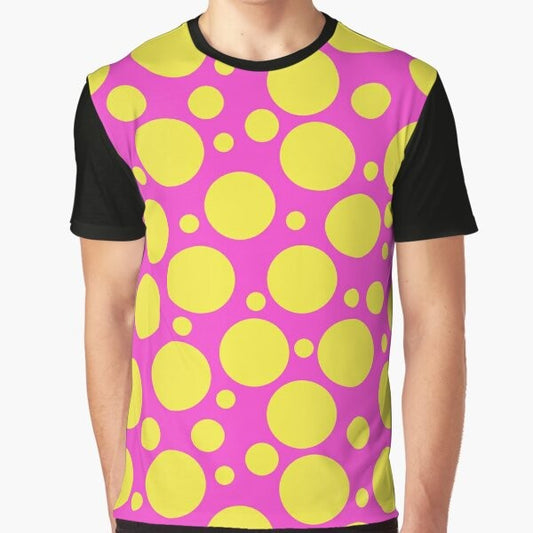 Colorful polka dot graphic t-shirt in hot pink and yellow