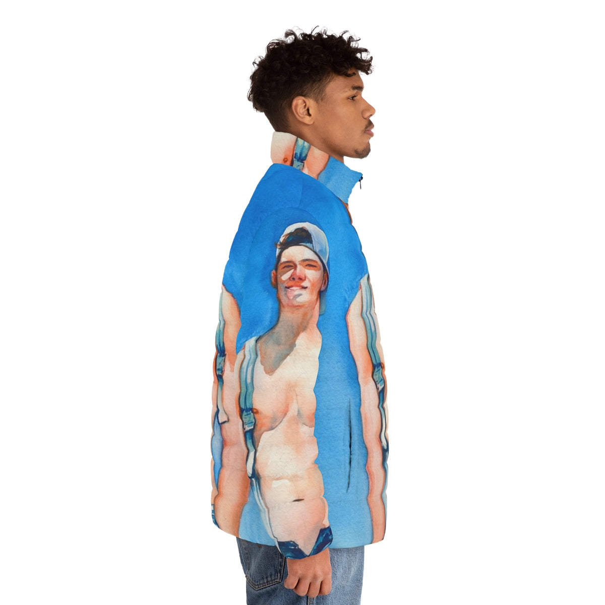 Vibrant watercolor puffer jacket featuring a summer-inspired design - men side right