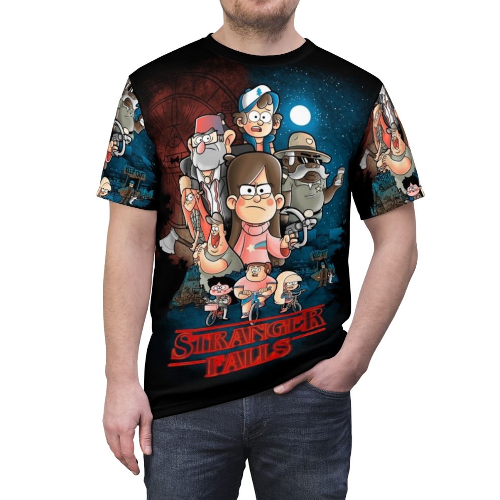 Stranger Falls supernatural crossover t-shirt featuring elements of Stranger Things and Gravity Falls - men front