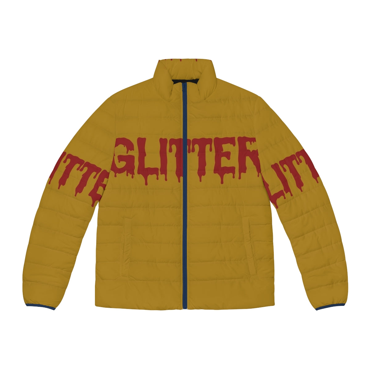 Glitter in Blood Typography Gothic Puffer Jacket with Bloody Splatter Design