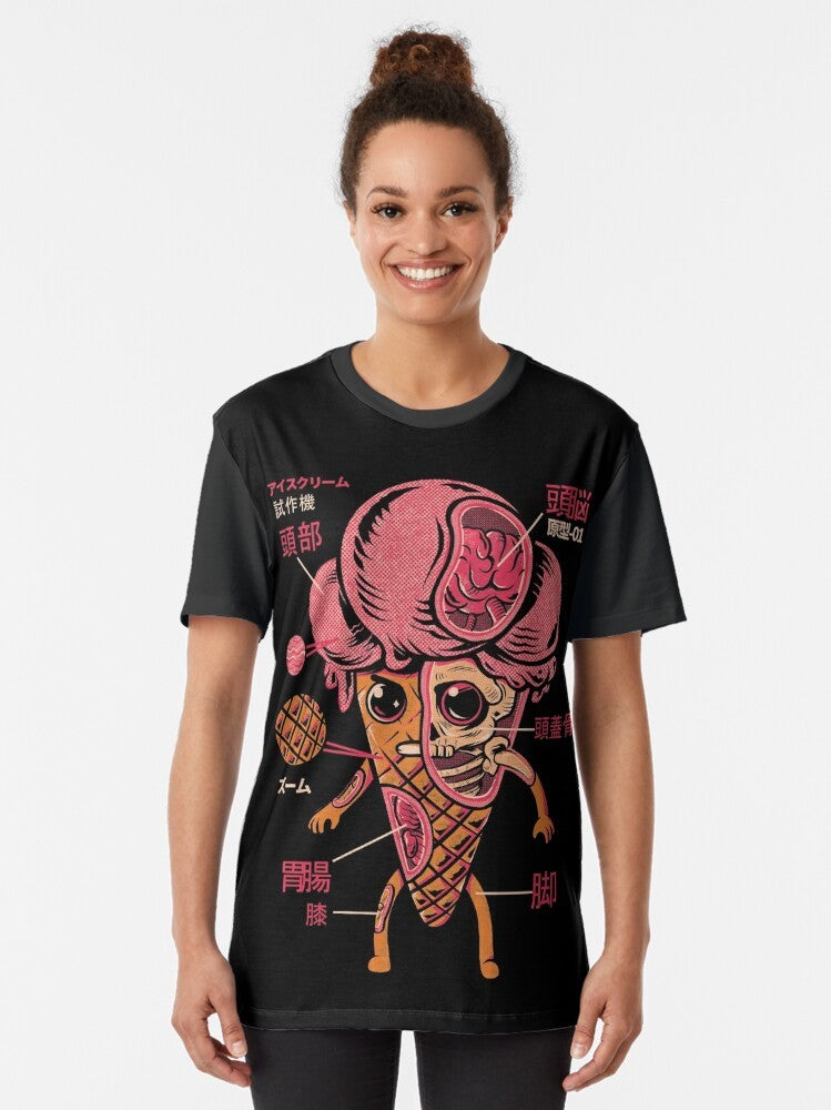 Retro illustration of an ice cream-themed kaiju monster on a graphic t-shirt - Women