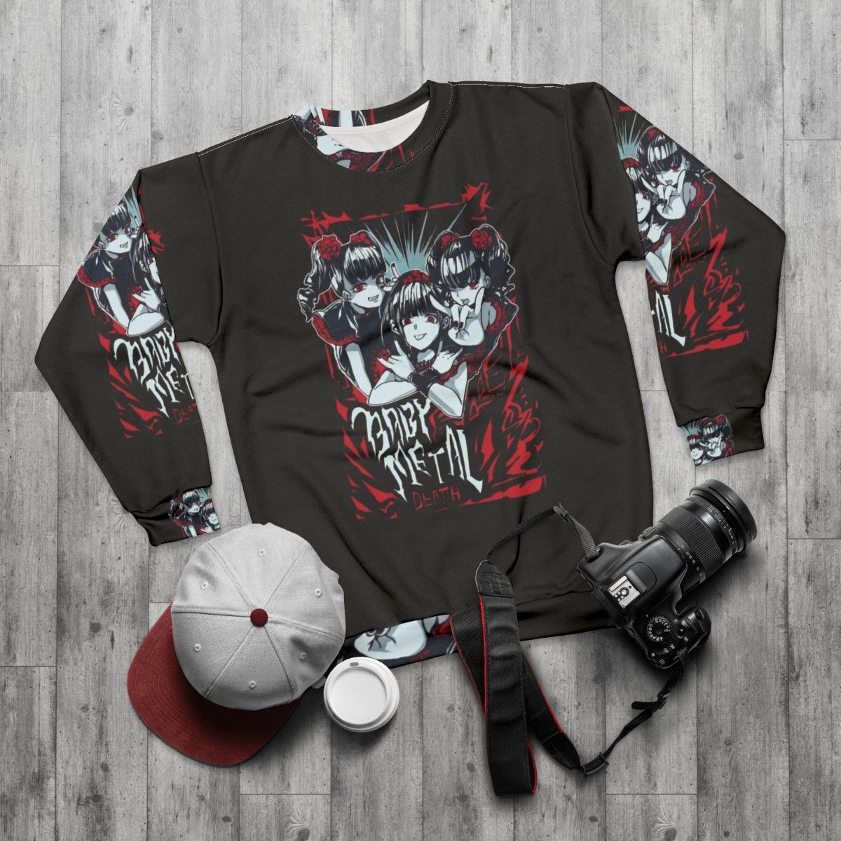 Babymetal anime design sweatshirt with heavy metal fashion - flat lay