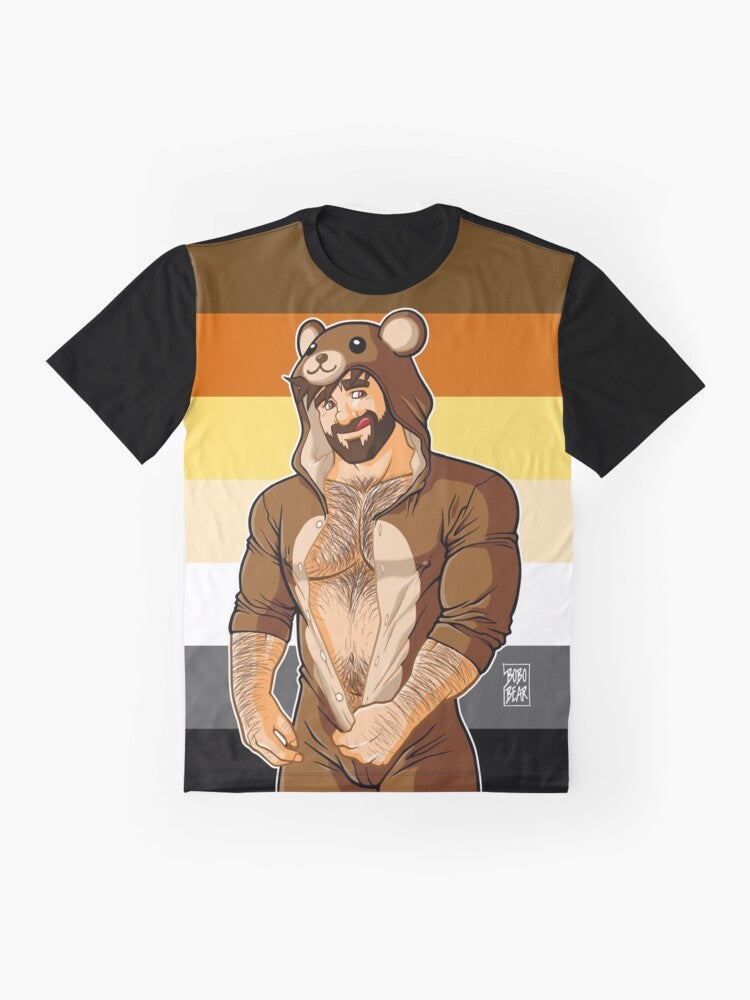 A graphic t-shirt featuring a bearded, gay bear with the text "ADAM LIKES TEDDY BEARS - BEAR PRIDE". - Flat lay