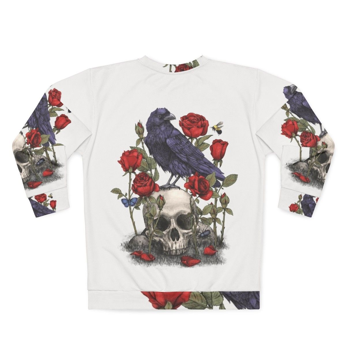 Memento Mori Sweatshirt with Raven, Skull, and Floral Graphic - Back