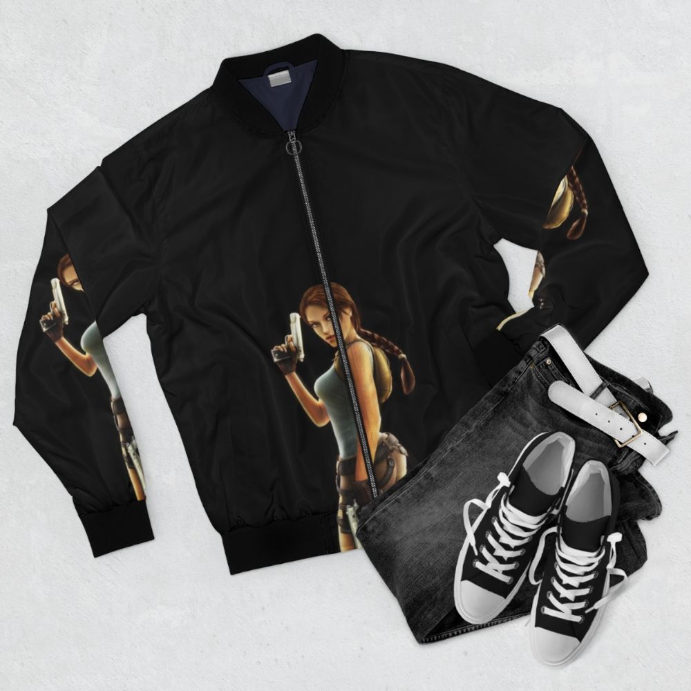 Lara Croft Anniversary Edition Bomber Jacket, featuring the iconic Tomb Raider character design - Flat lay