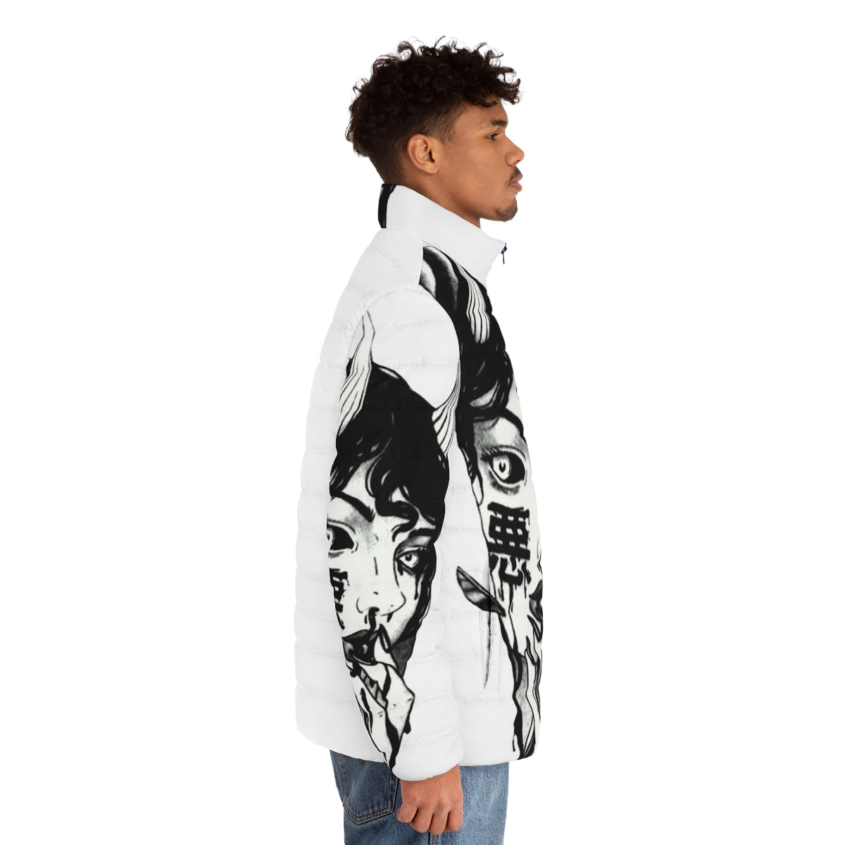 Cyberpunk-inspired black and white puffer jacket with futuristic design - men side right