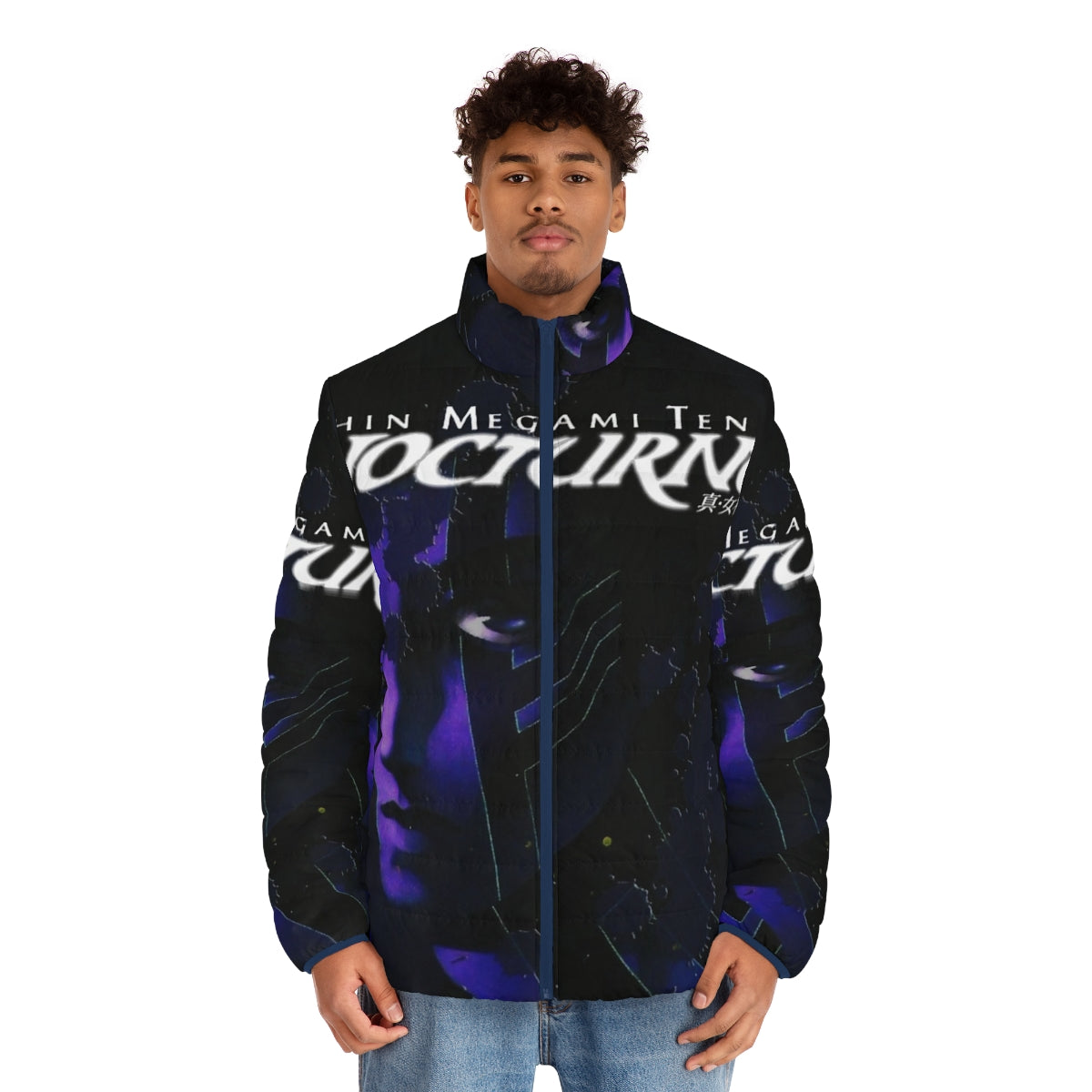 Nocturne Puffer Jacket with Shin Megami Tensei Inspired Design - men front