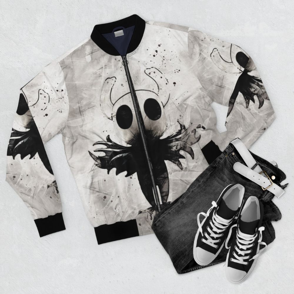 Hollow Knight watercolor fanart printed on a bomber jacket - Flat lay