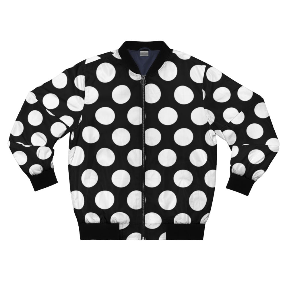 Black bomber jacket with large white polka dot pattern