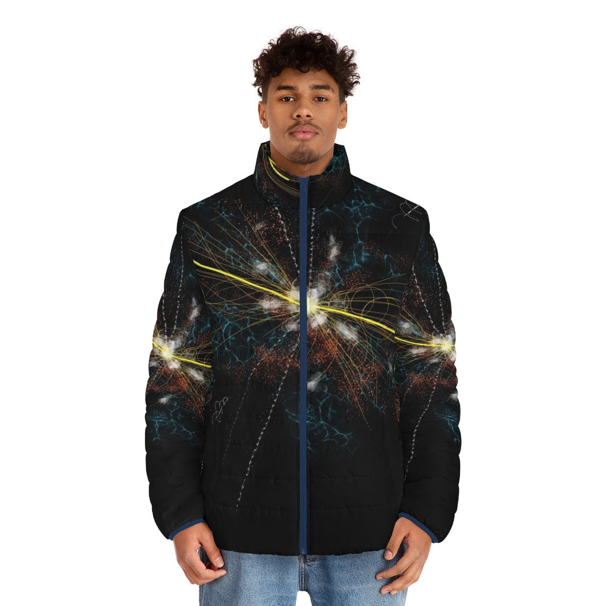 Higgs boson inspired puffer jacket with subatomic particle design - men front