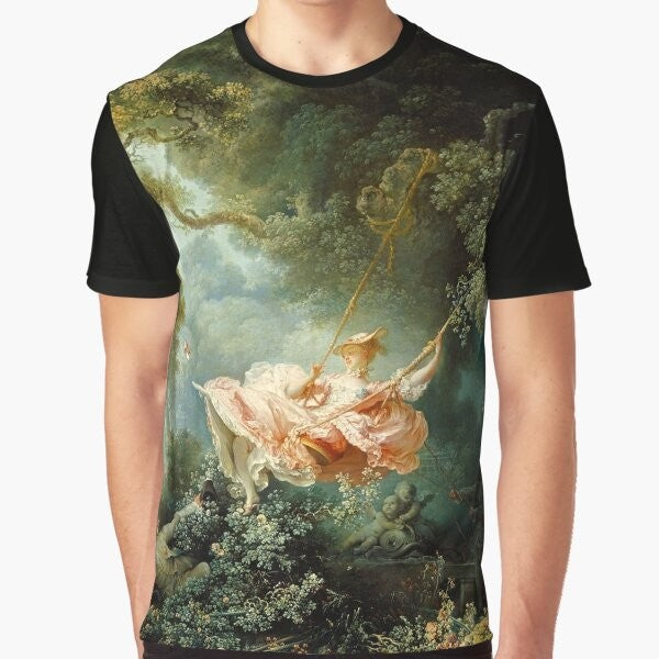 Graphic t-shirt featuring the famous painting "The Swing" by French Rococo artist Jean-Honoré Fragonard.