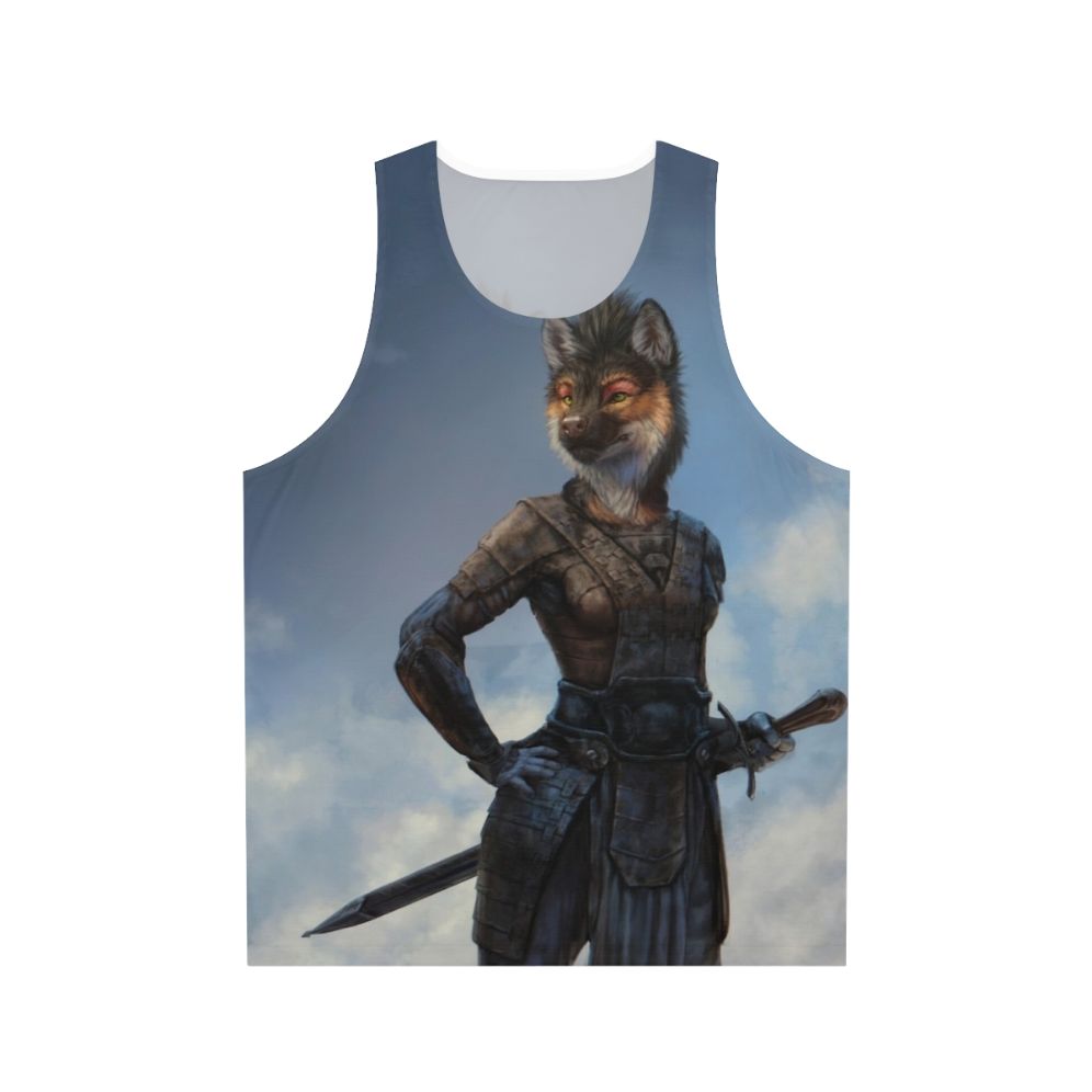 Unisex tank top with anthro canine warrior design