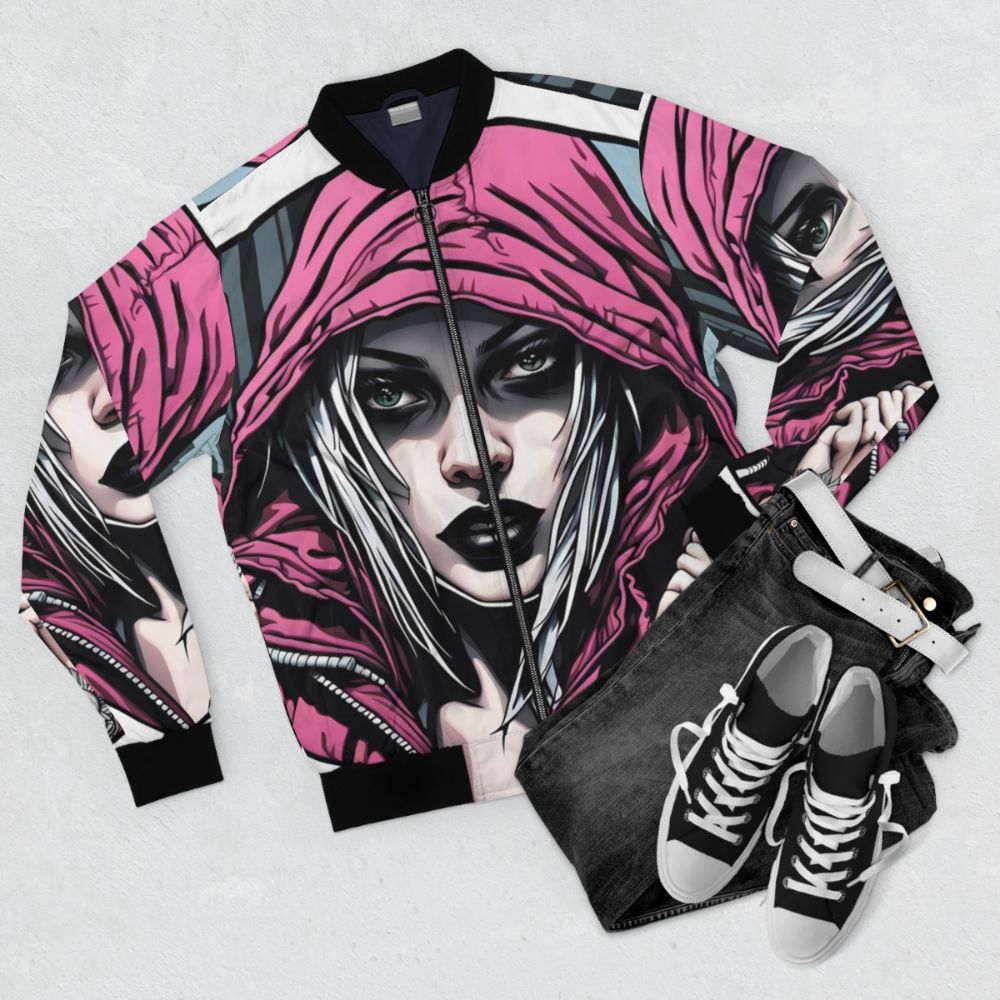 Stylish woman's bomber jacket with hood illustration and vector art design - Flat lay