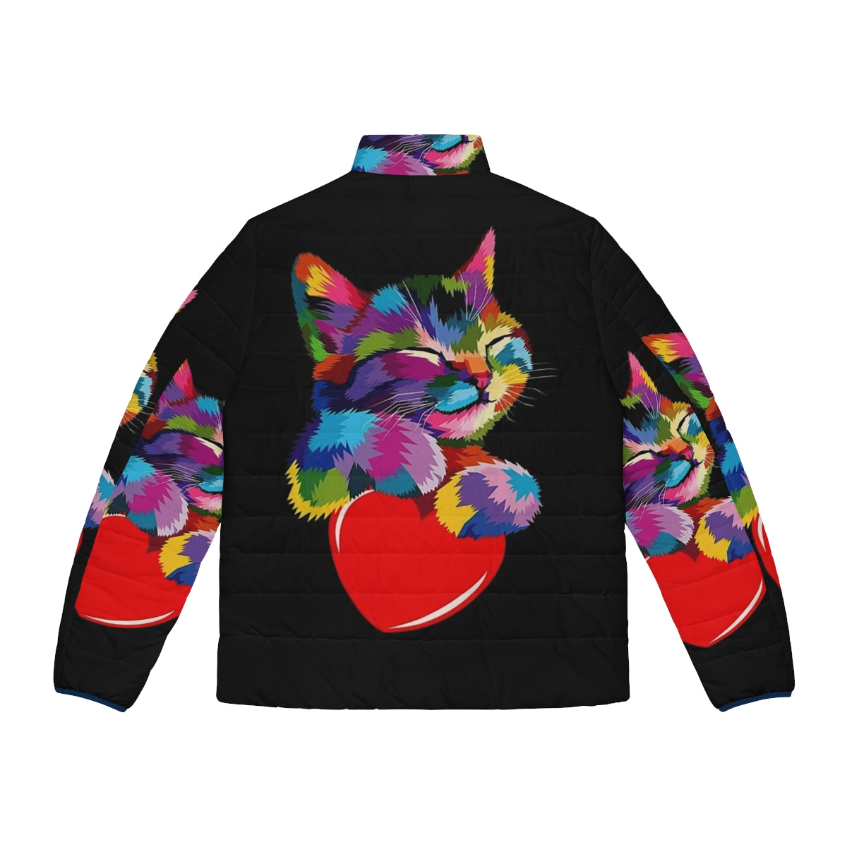 Colorful cat puffer jacket with a heart design - Back