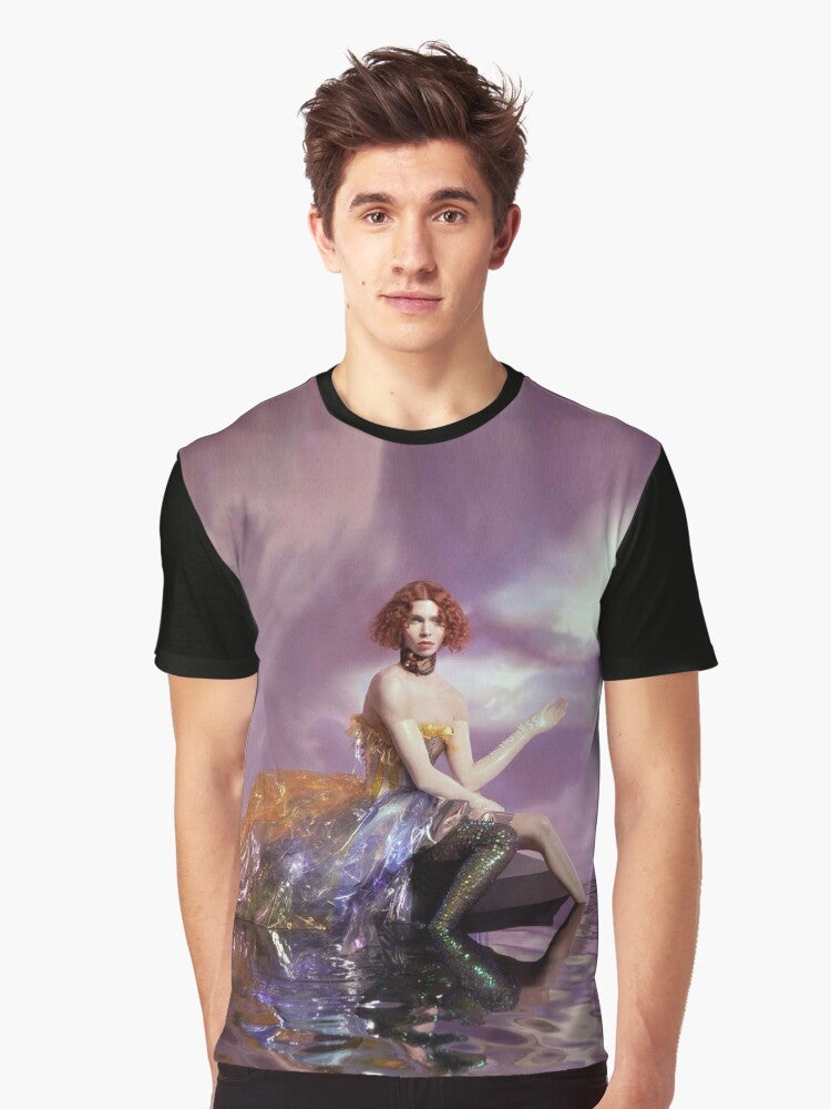 Graphic T-shirt featuring the name "SOPHIE" in an iridescent, ethereal design with LGBTQ+ and electronic music themes. - Men