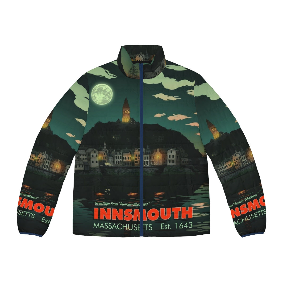 Innsmouth Lovecraft Puffer Jacket featuring Cthulhu design inspired by the works of H.P. Lovecraft