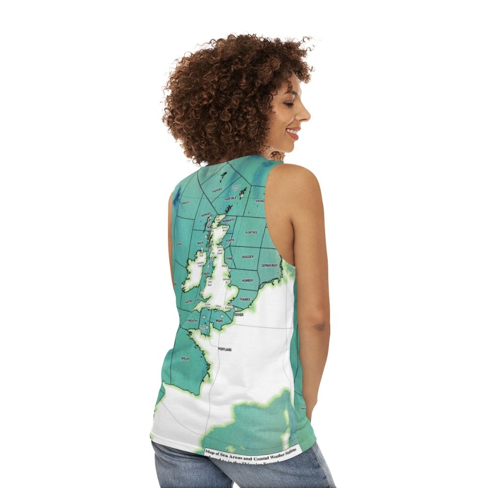 Unisex tank top featuring a shipping forecast map design - women back