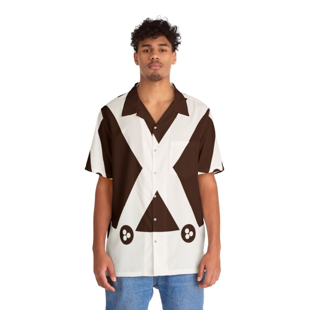 Oompa Loompa themed Hawaiian shirt with chocolate and candy graphics - People Front