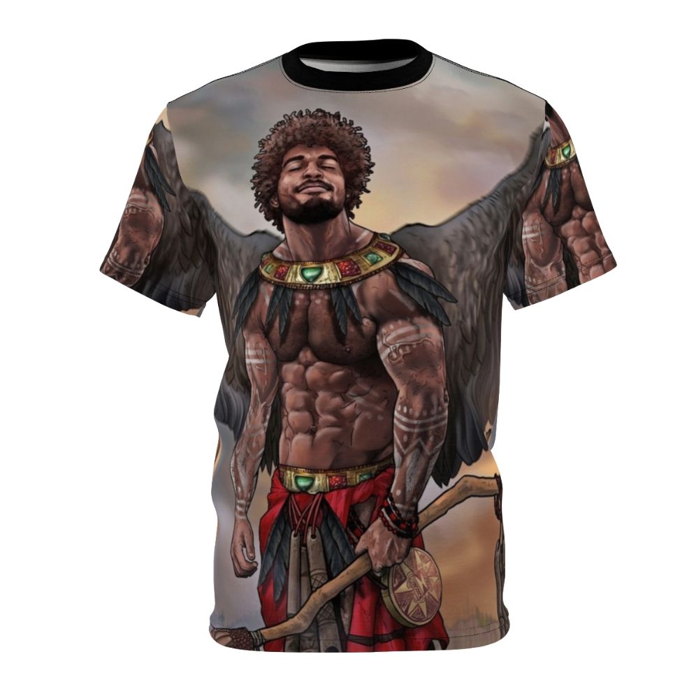 Eshu AOP T-shirt featuring a vibrant, homoerotic illustration of two muscular, gay male figures.