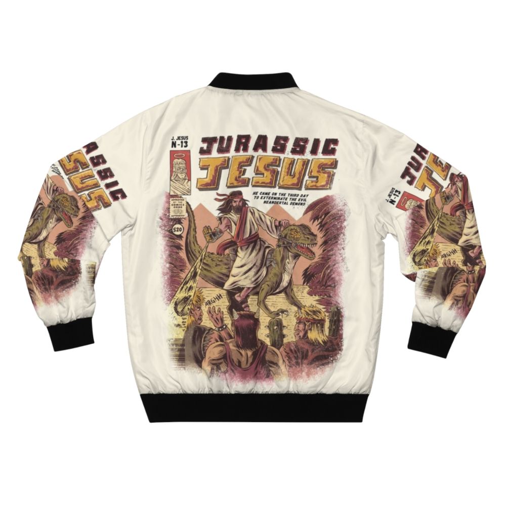 Vintage-style bomber jacket featuring a graphic of Jesus Christ with dinosaurs - Back