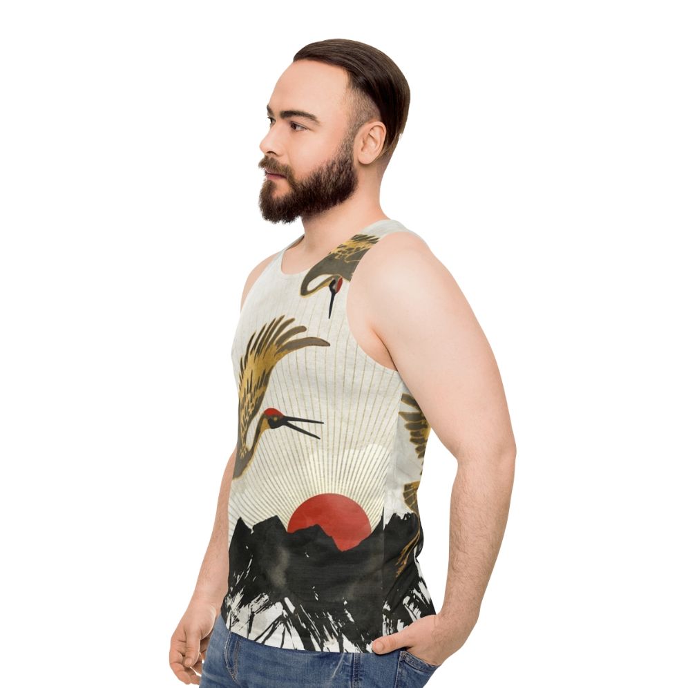 Elegant crane in flight unisex tank top - men side